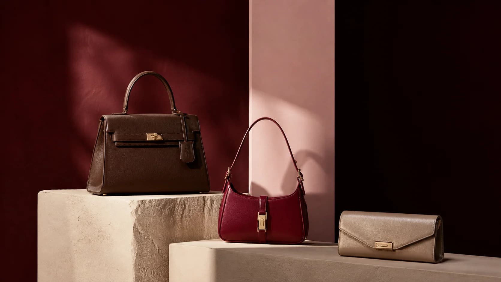 Cocoa handbag, cherry shoulder bag and champagne clutch arranged on an oxblood campaign set