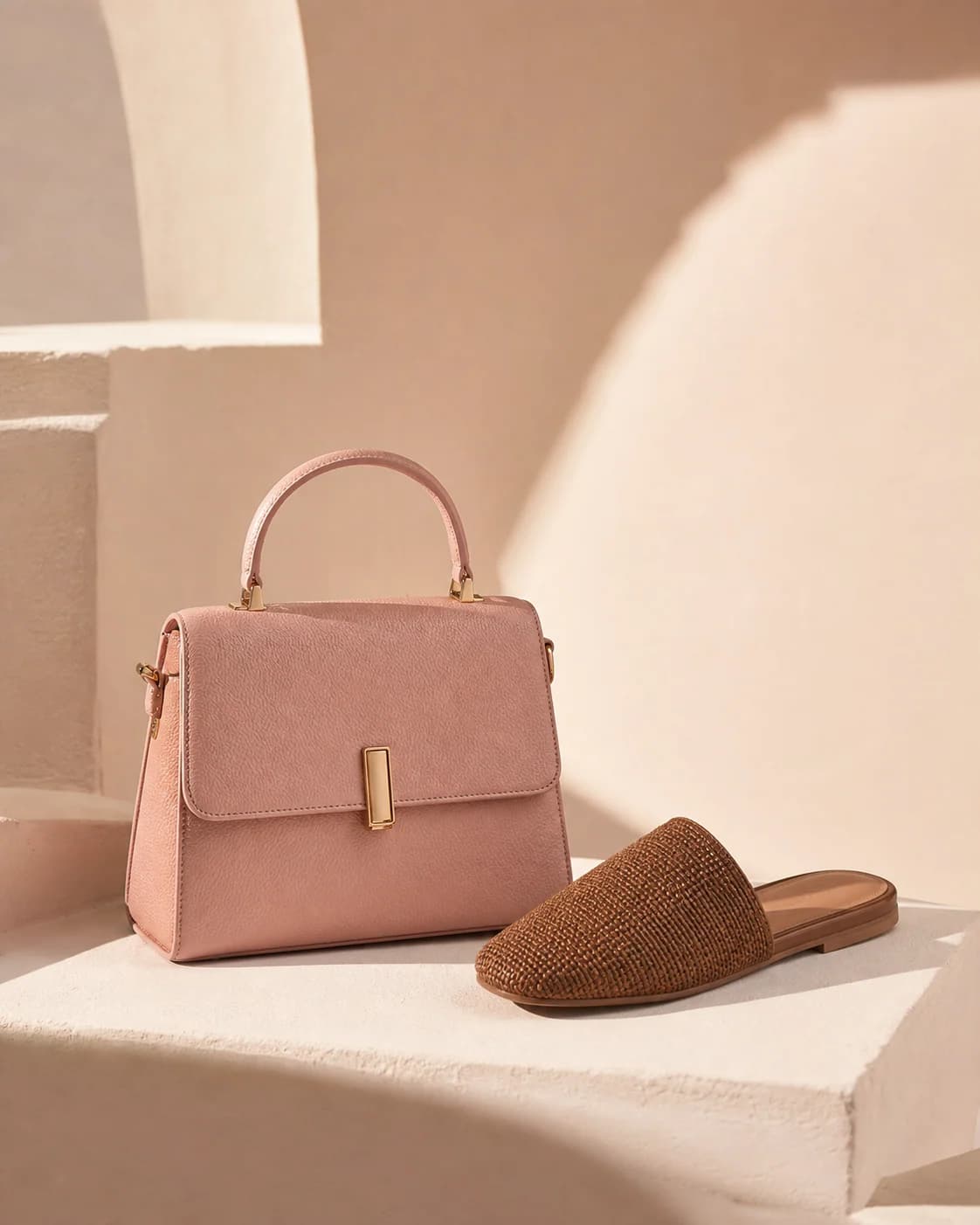 Muted pink handbag styled beside a cocoa woven flat slipper