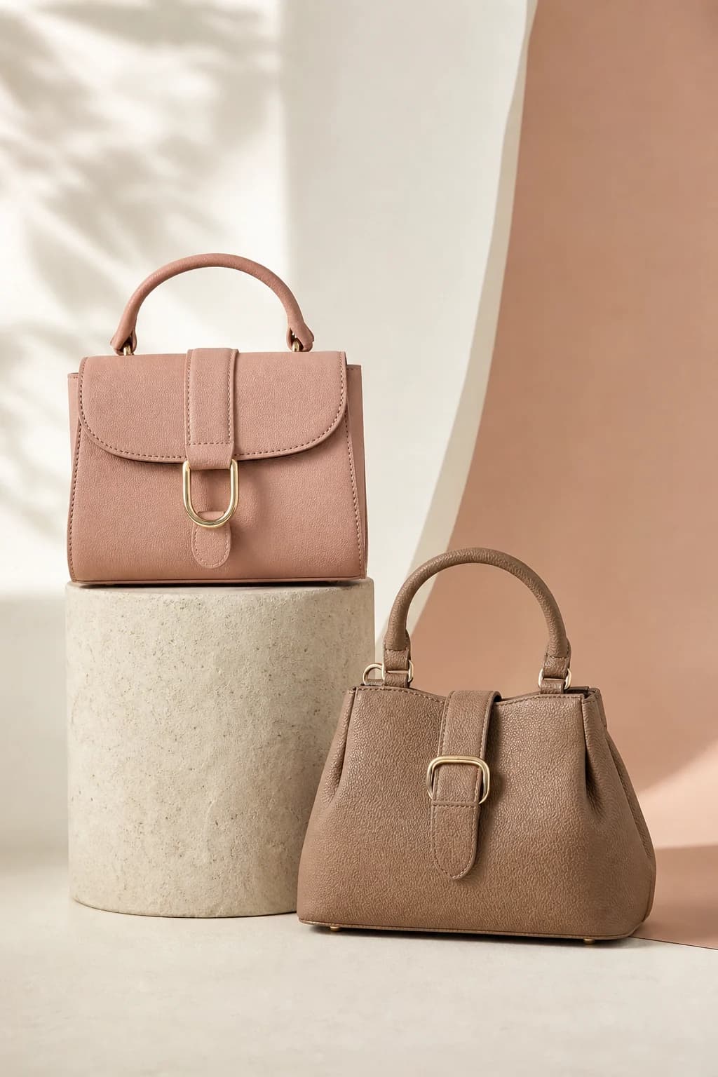 Dusty pink and light cocoa mini handbags arranged on a stone pedestal