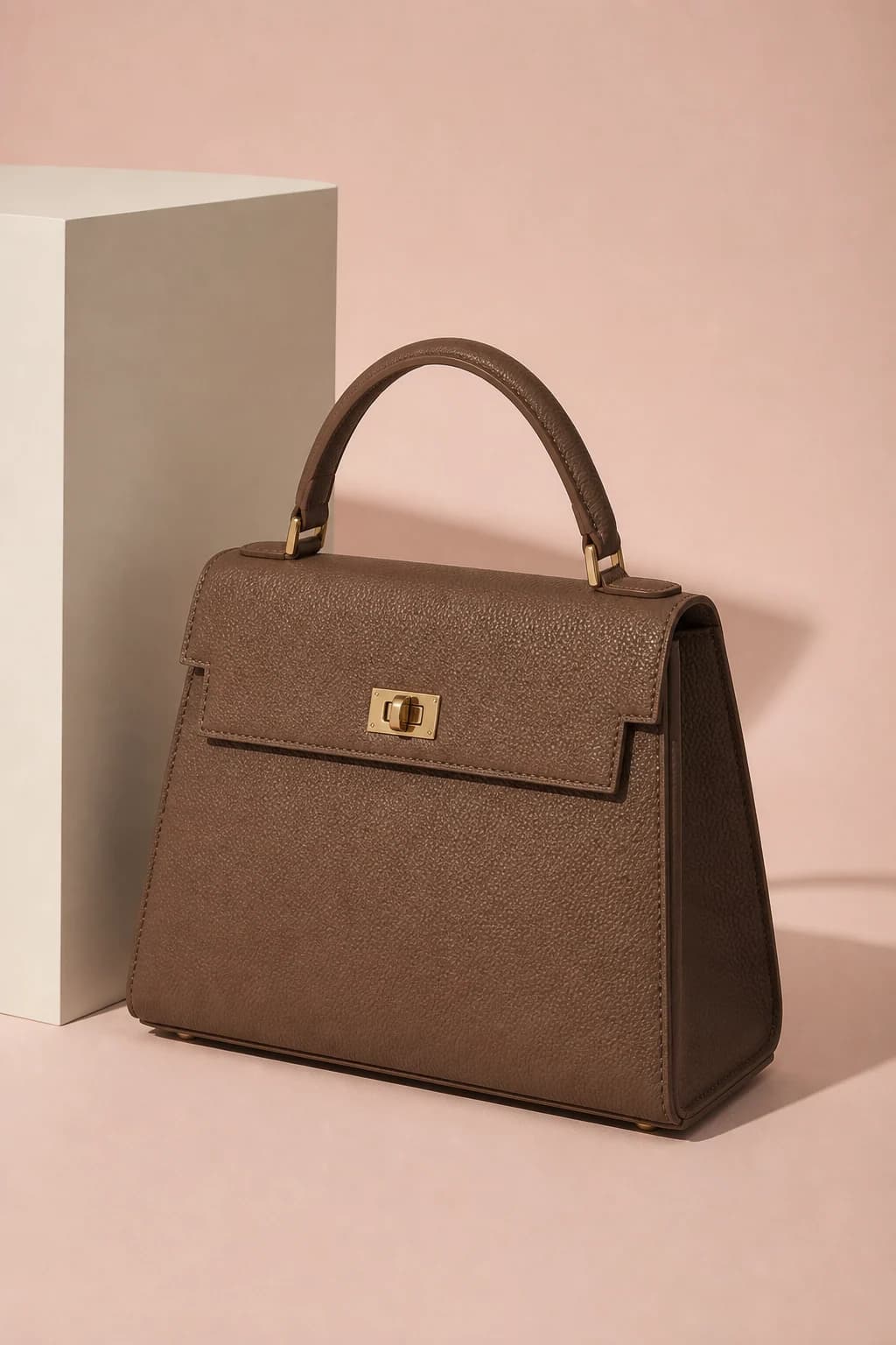 Cocoa structured top-handle handbag on a blush studio set