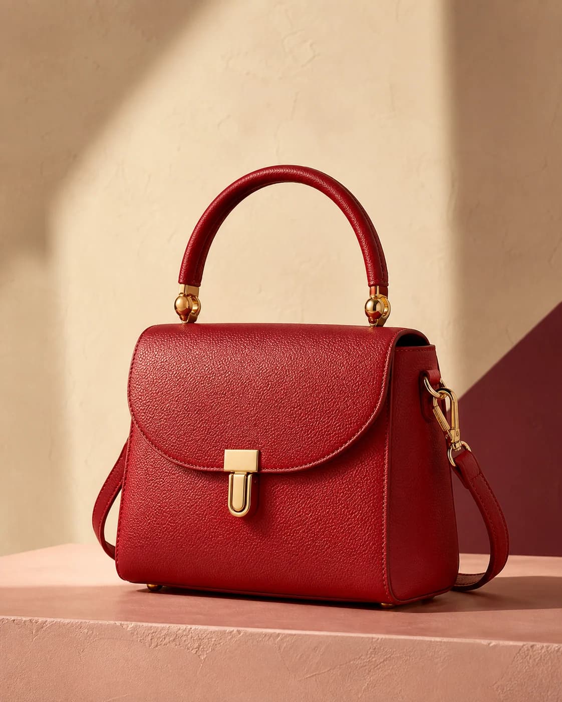 Cherry red structured top-handle handbag on an ivory and blush editorial set