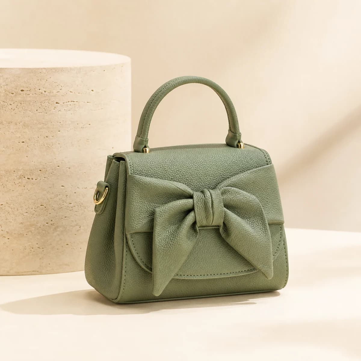 Muted green mini handbag with a sculptural bow detail