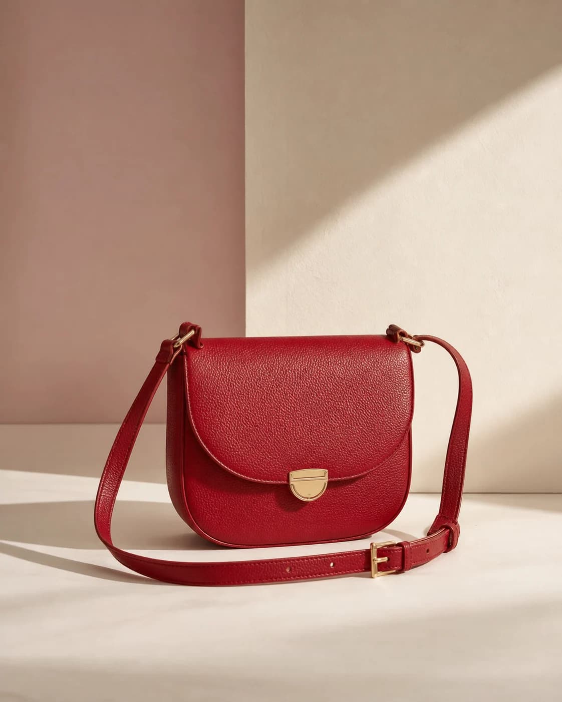 Cherry red crossbody handbag with its strap arranged naturally