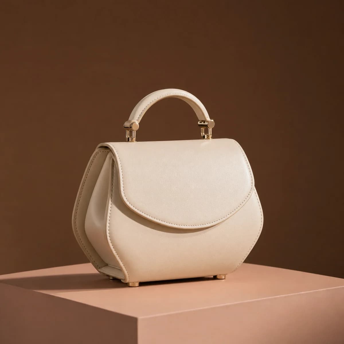 Sculpted ivory mini handbag on a blush pedestal