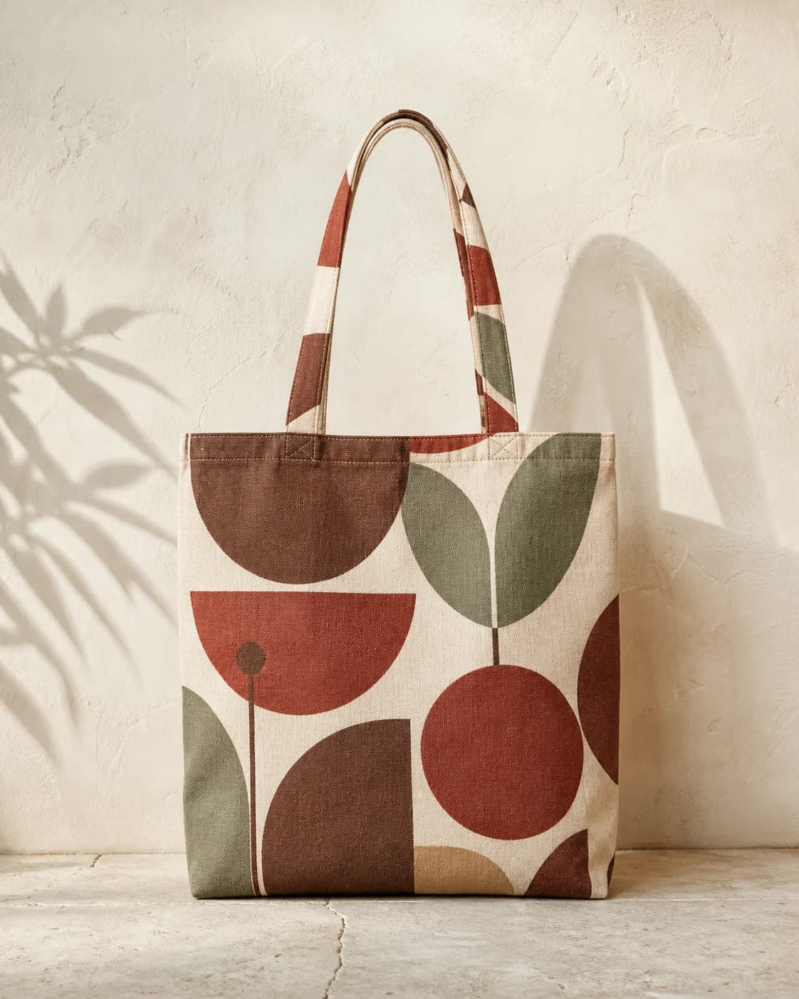 Printed canvas tote with original cocoa, cherry and green shapes