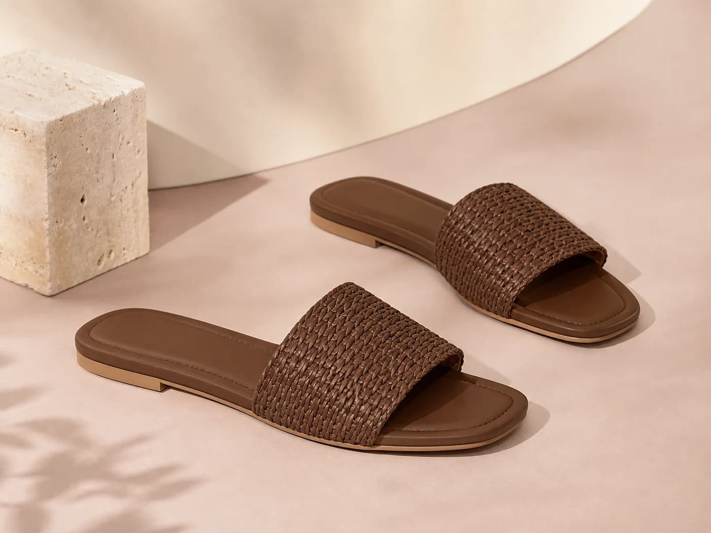Pair of cocoa flat slide slippers with woven straps on a blush set